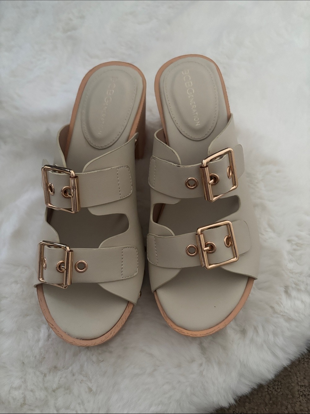 BCBG Neutral Slide Sandals with Rose Gold Buckles